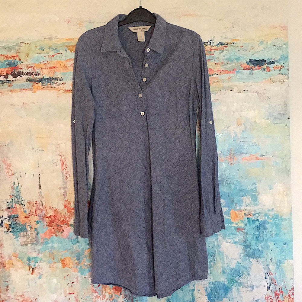 Denim Shirt Dress Side Pockets Roll Tab Sleeve M
